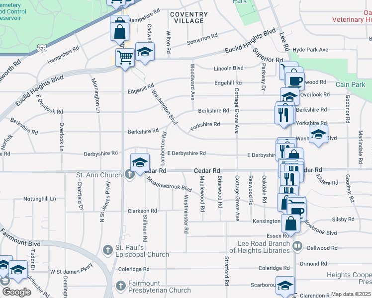 map of restaurants, bars, coffee shops, grocery stores, and more near 2948 East Derbyshire Road in Cleveland Heights