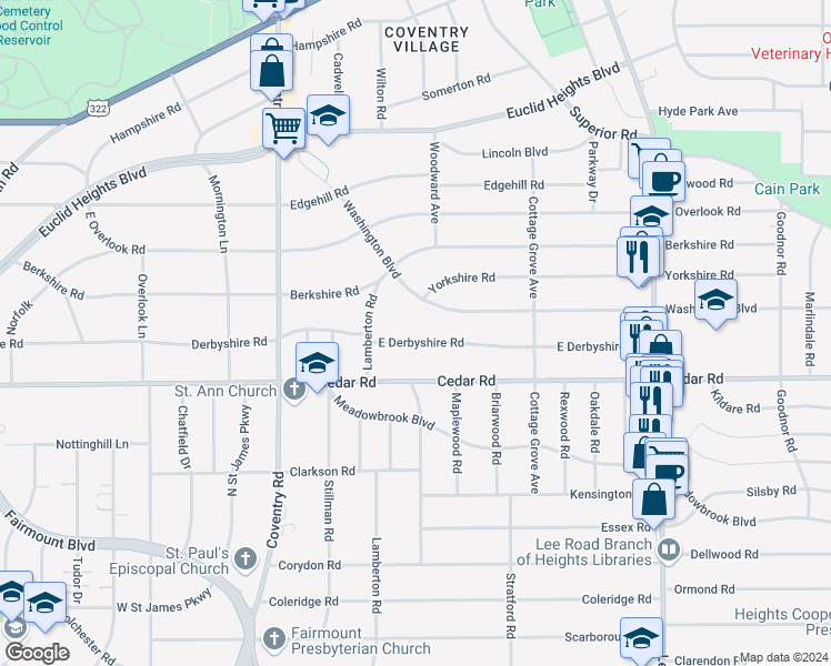map of restaurants, bars, coffee shops, grocery stores, and more near 2948 East Derbyshire Road in Cleveland Heights