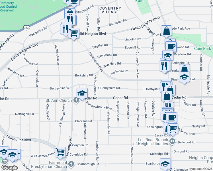 map of restaurants, bars, coffee shops, grocery stores, and more near 2948 East Derbyshire Road in Cleveland Heights