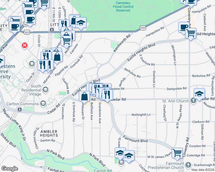 map of restaurants, bars, coffee shops, grocery stores, and more near in Cleveland Heights