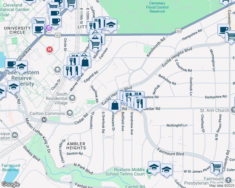 map of restaurants, bars, coffee shops, grocery stores, and more near 2354 Euclid Heights Boulevard in Cleveland Heights
