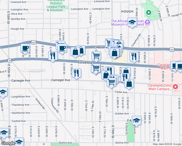 map of restaurants, bars, coffee shops, grocery stores, and more near 7219 Carnegie Avenue in Cleveland