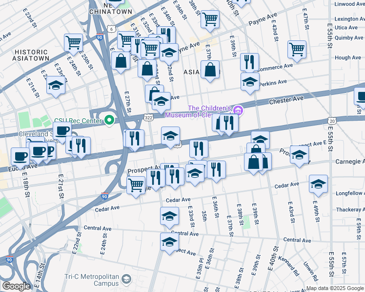 map of restaurants, bars, coffee shops, grocery stores, and more near 3225 Prospect Avenue East in Cleveland