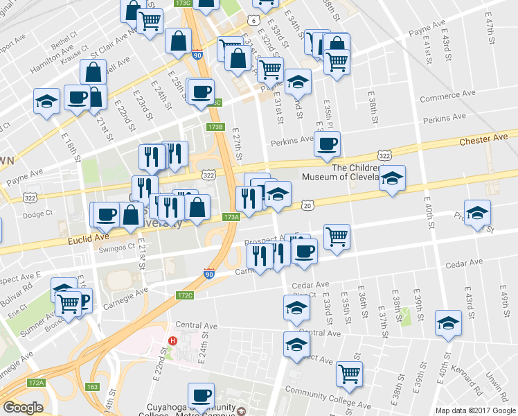 map of restaurants, bars, coffee shops, grocery stores, and more near 2800 Euclid Avenue in Cleveland