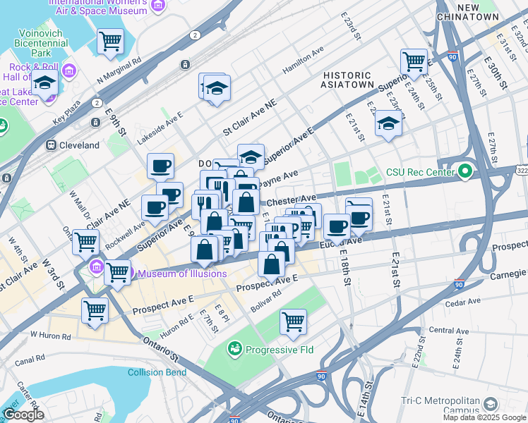 map of restaurants, bars, coffee shops, grocery stores, and more near 1807 East 12th Street in Cleveland