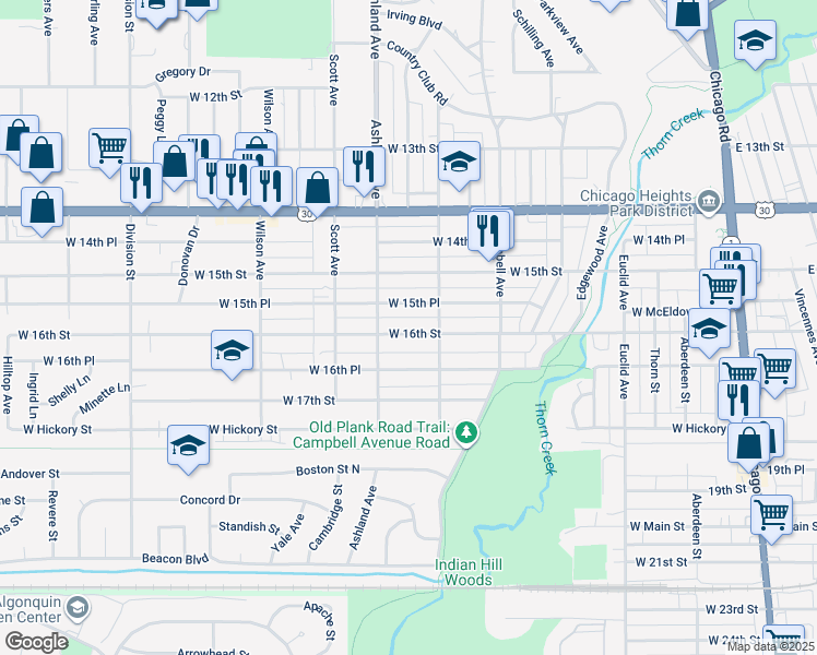 map of restaurants, bars, coffee shops, grocery stores, and more near 312 West 16th Street in Chicago Heights