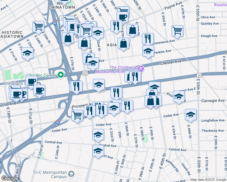 map of restaurants, bars, coffee shops, grocery stores, and more near 3328 Euclid Avenue in Cleveland