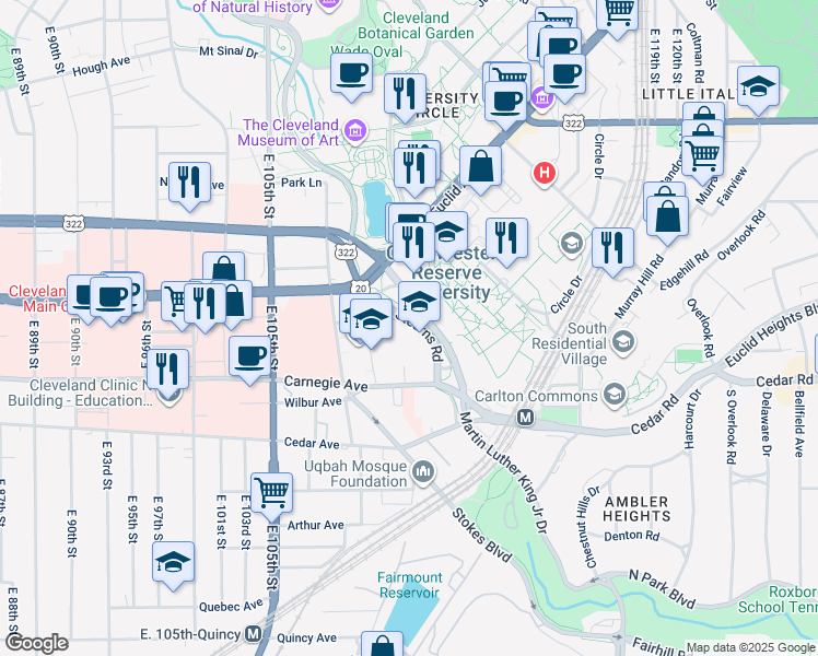 map of restaurants, bars, coffee shops, grocery stores, and more near 2040 Stearns Road in Cleveland