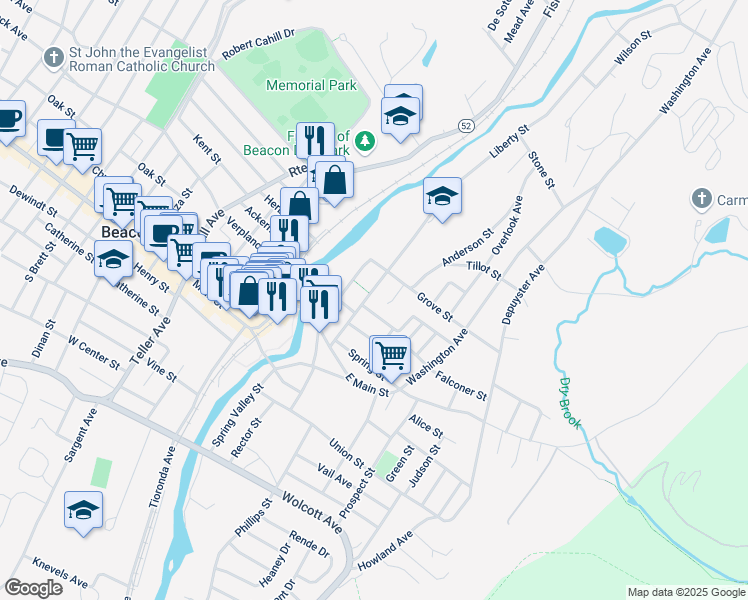 map of restaurants, bars, coffee shops, grocery stores, and more near 25 Masters Place in Beacon