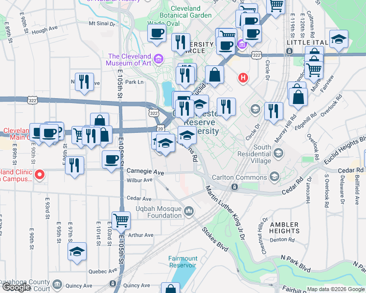 map of restaurants, bars, coffee shops, grocery stores, and more near 2040 Stearns Road in Cleveland