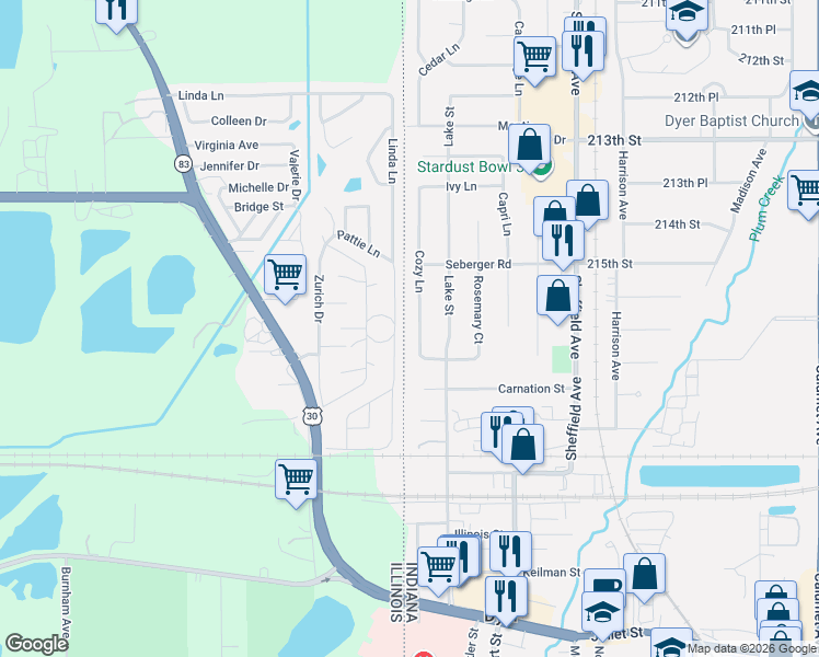 map of restaurants, bars, coffee shops, grocery stores, and more near 1620 Cozy Lane in Dyer