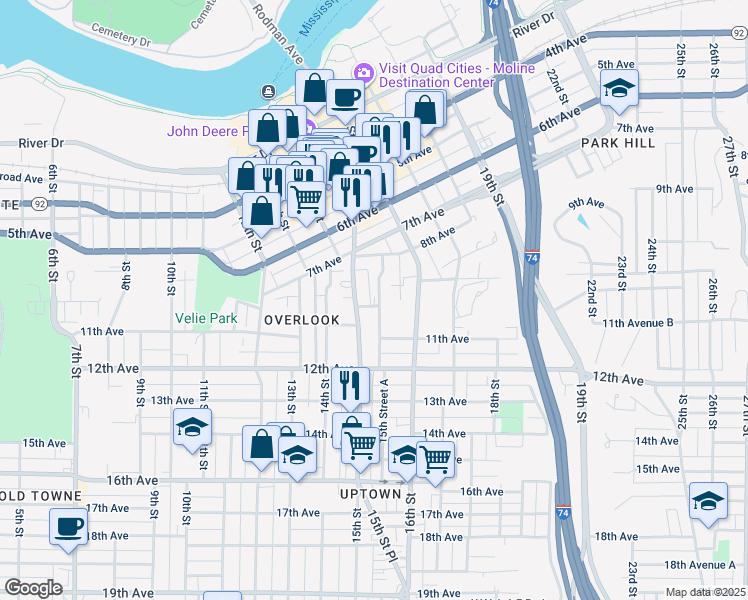map of restaurants, bars, coffee shops, grocery stores, and more near 849 15th Street in Moline