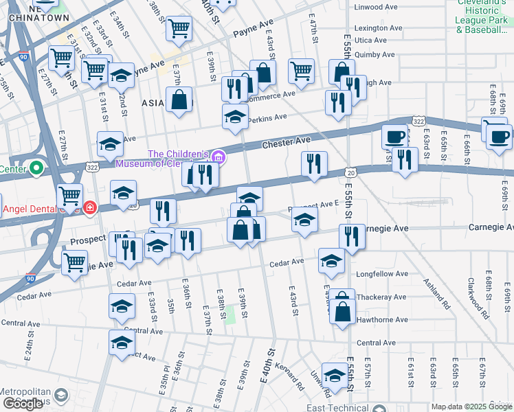 map of restaurants, bars, coffee shops, grocery stores, and more near 2029 East 40th Street in Cleveland