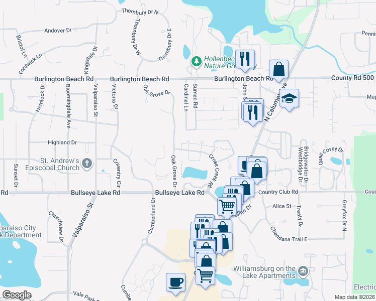 map of restaurants, bars, coffee shops, grocery stores, and more near 3712 Meadow Lake Drive in Valparaiso