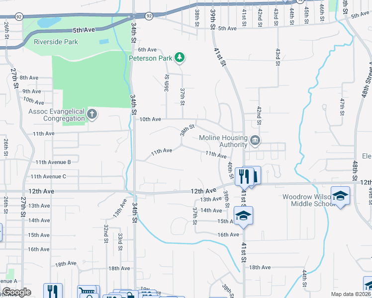 map of restaurants, bars, coffee shops, grocery stores, and more near 3805 11th Avenue Place in Moline
