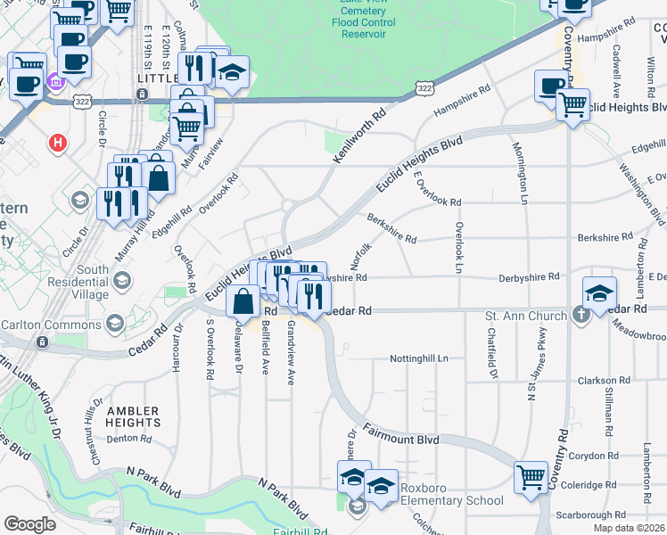 map of restaurants, bars, coffee shops, grocery stores, and more near 2487 Derbyshire Rd in Cleveland Heights