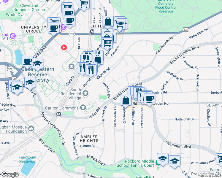 map of restaurants, bars, coffee shops, grocery stores, and more near 2215 Overlook Road in Cleveland Heights