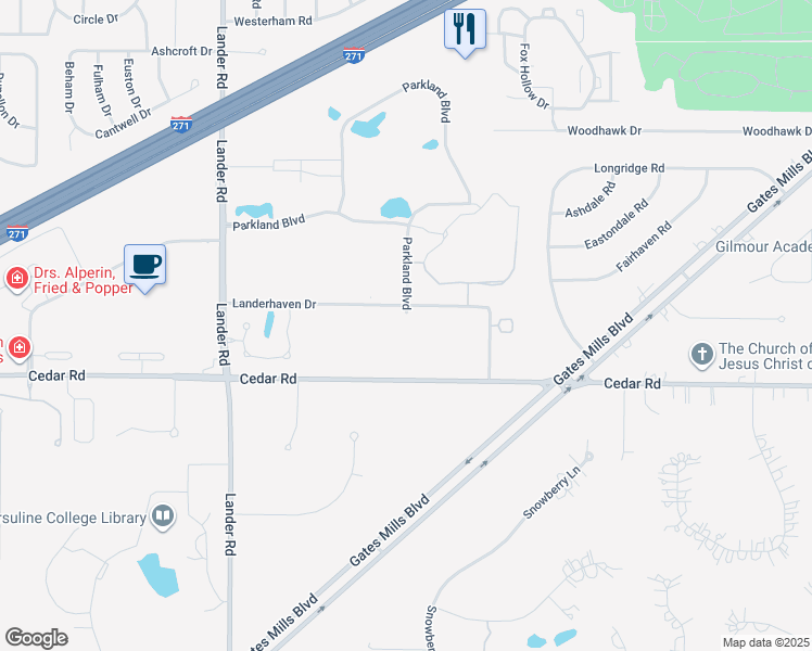 map of restaurants, bars, coffee shops, grocery stores, and more near 6200 Landerhaven Drive in Mayfield Heights
