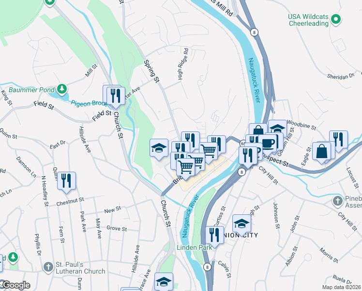 map of restaurants, bars, coffee shops, grocery stores, and more near 96 Spring Street in Naugatuck