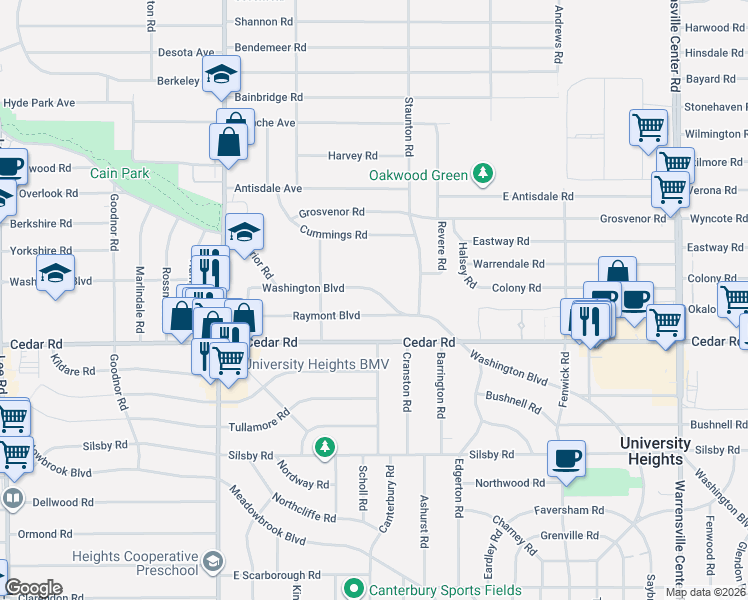 map of restaurants, bars, coffee shops, grocery stores, and more near 3646 Raymont Boulevard in University Heights