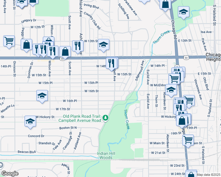 map of restaurants, bars, coffee shops, grocery stores, and more near 230 West 16th Street in Chicago Heights