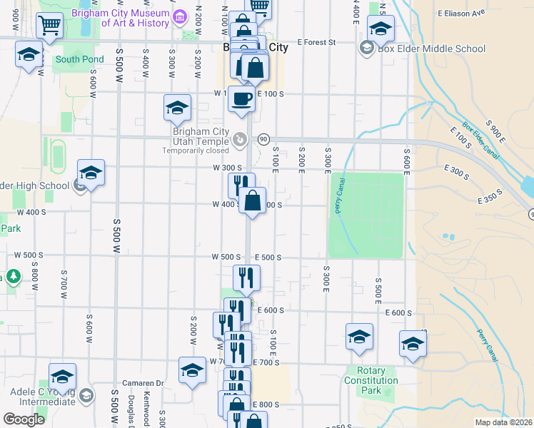 map of restaurants, bars, coffee shops, grocery stores, and more near 445 South Main Street in Brigham City