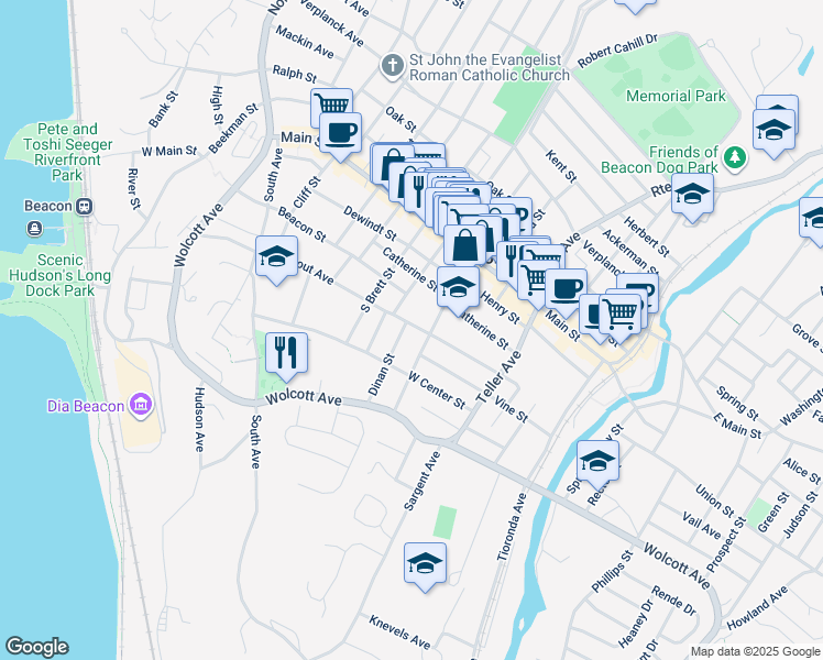 map of restaurants, bars, coffee shops, grocery stores, and more near 26 Dinan Street in Beacon