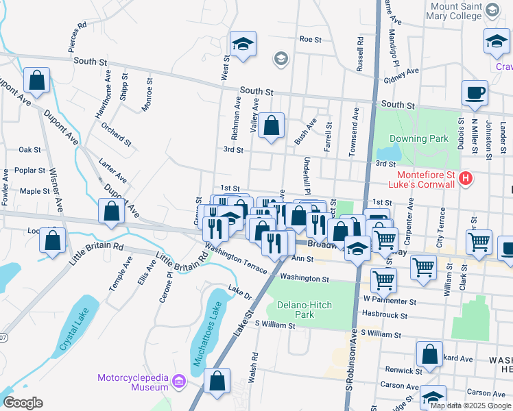 map of restaurants, bars, coffee shops, grocery stores, and more near 245 Van Ness Street in Newburgh