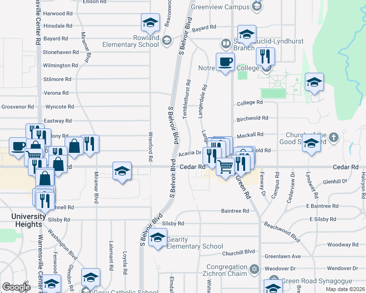 map of restaurants, bars, coffee shops, grocery stores, and more near 4342 Acacia Drive in South Euclid