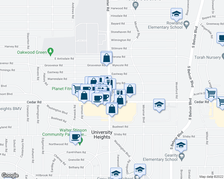map of restaurants, bars, coffee shops, grocery stores, and more near 4018 Okalona Road in South Euclid