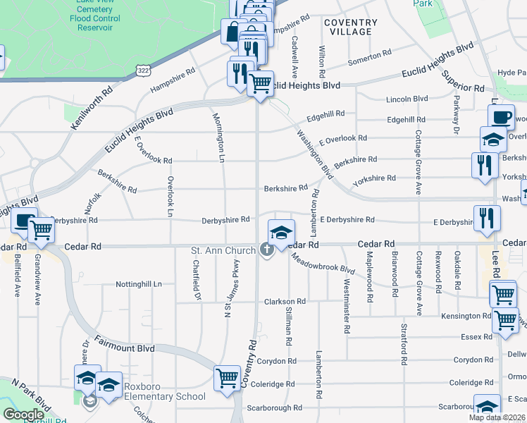 map of restaurants, bars, coffee shops, grocery stores, and more near 2120 Renrock Road in Cleveland Heights