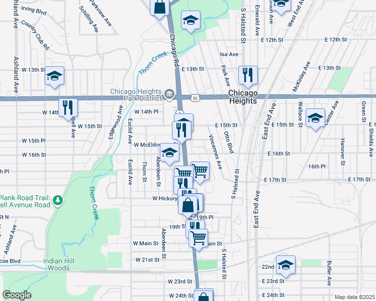map of restaurants, bars, coffee shops, grocery stores, and more near in Chicago Heights