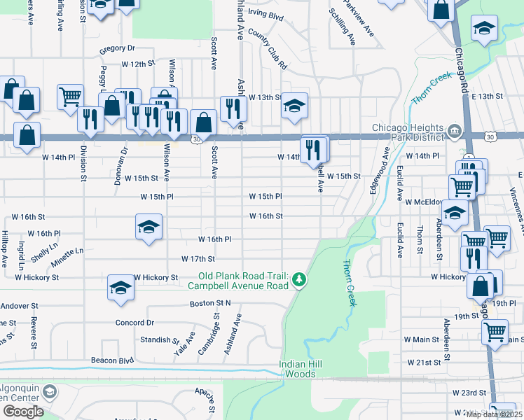 map of restaurants, bars, coffee shops, grocery stores, and more near 298-312 West 16th Street in Chicago Heights
