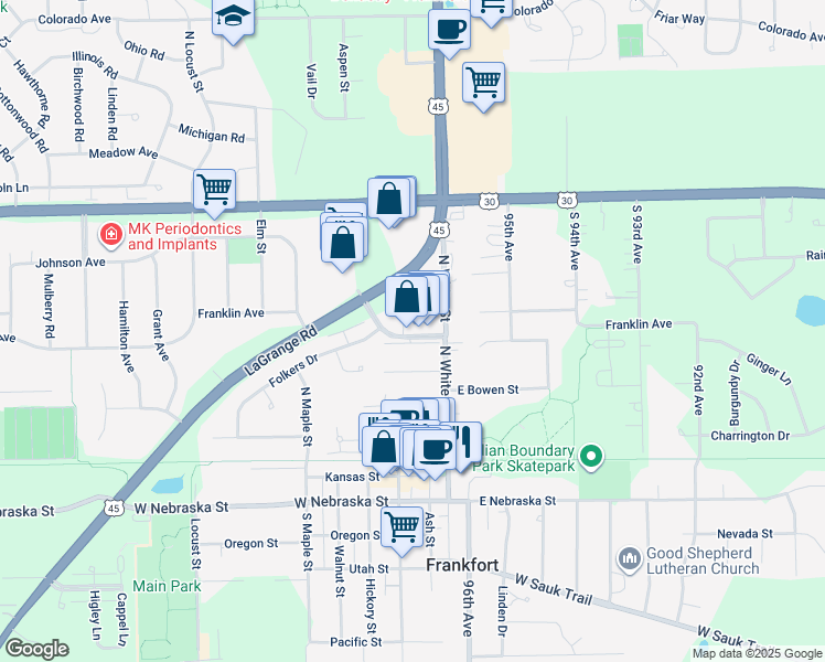 map of restaurants, bars, coffee shops, grocery stores, and more near 26 Old Frankfort Way in Frankfort