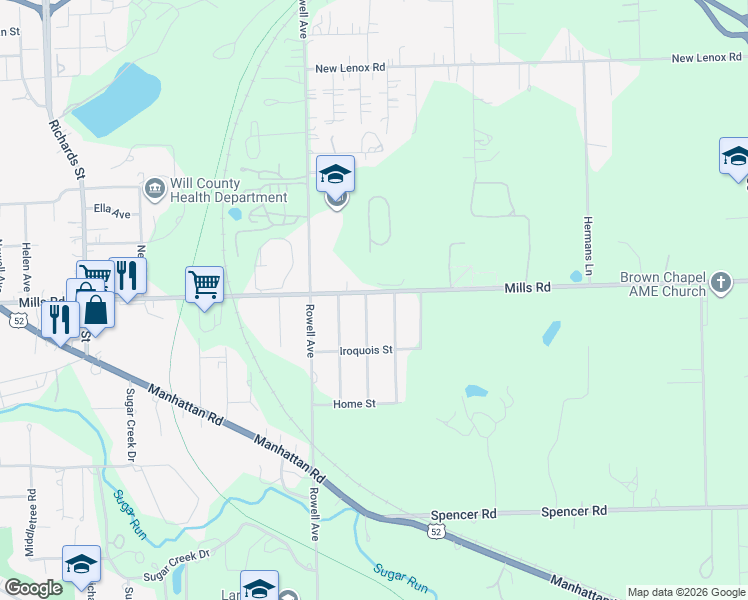 map of restaurants, bars, coffee shops, grocery stores, and more near 1218 Pequot Street in Joliet