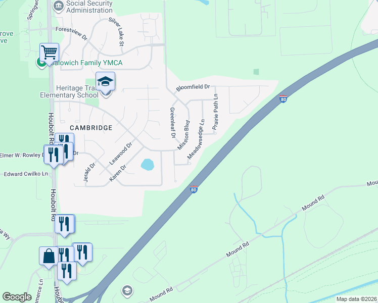map of restaurants, bars, coffee shops, grocery stores, and more near 3109 Meadowsedge Lane in Joliet