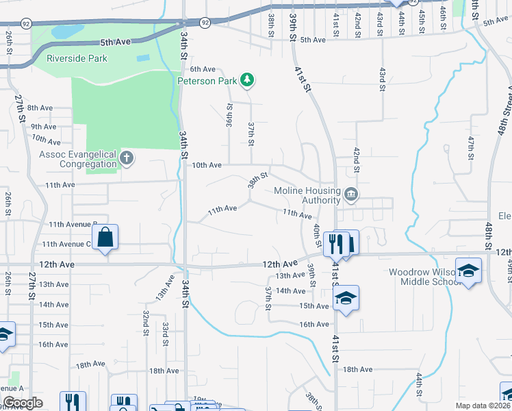 map of restaurants, bars, coffee shops, grocery stores, and more near 3805 11th Avenue Place in Moline