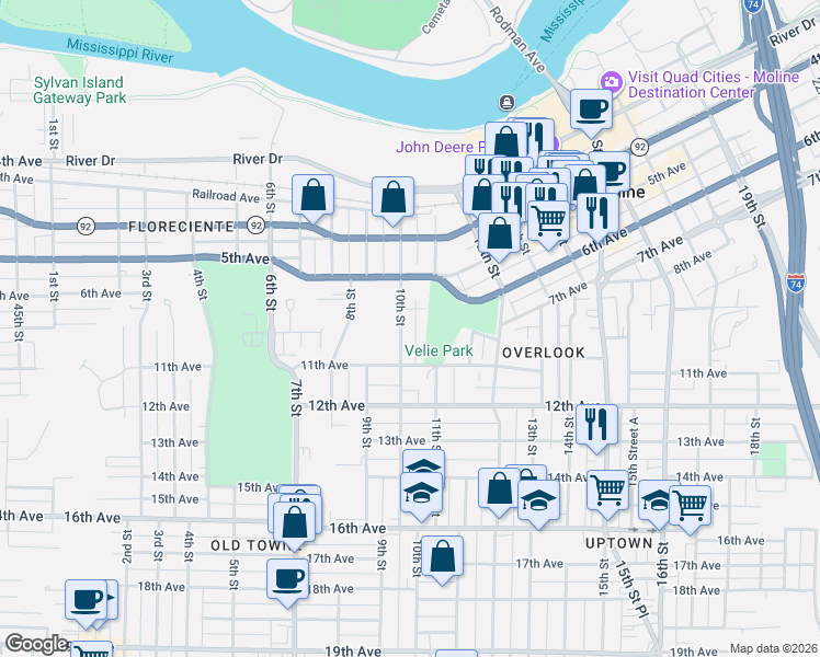 map of restaurants, bars, coffee shops, grocery stores, and more near 642 10th Street in Moline