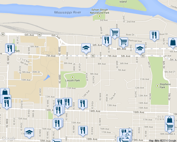 map of restaurants, bars, coffee shops, grocery stores, and more near 841 42nd Street in Rock Island