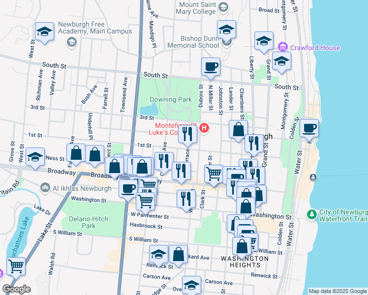 map of restaurants, bars, coffee shops, grocery stores, and more near 230 1st Street in Newburgh