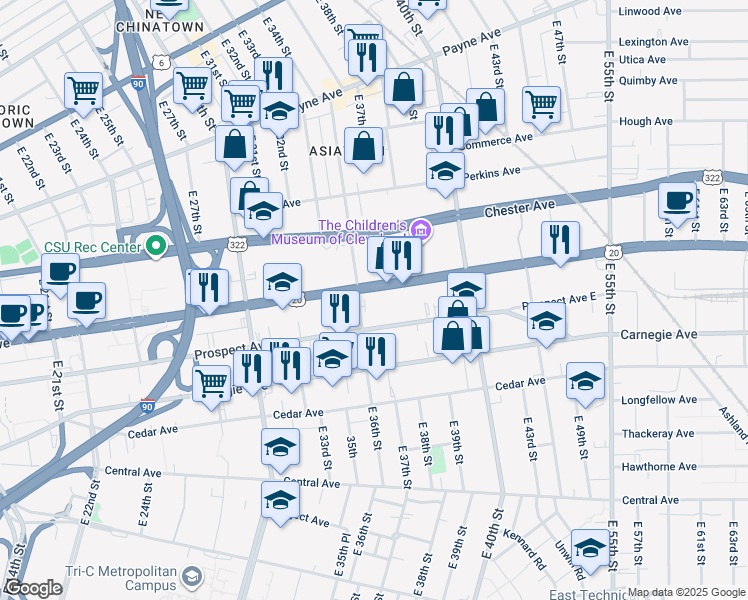 map of restaurants, bars, coffee shops, grocery stores, and more near 3657 Prospect Avenue East in Cleveland