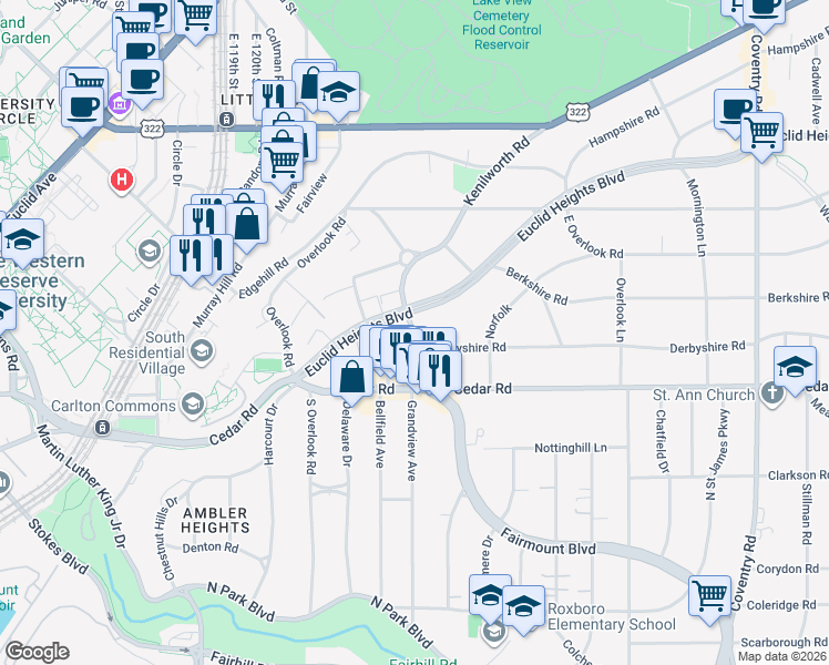 map of restaurants, bars, coffee shops, grocery stores, and more near in Cleveland Heights