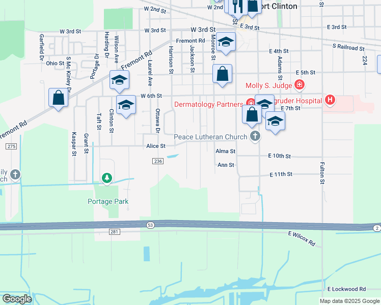 map of restaurants, bars, coffee shops, grocery stores, and more near 908 Glendale Drive in Port Clinton