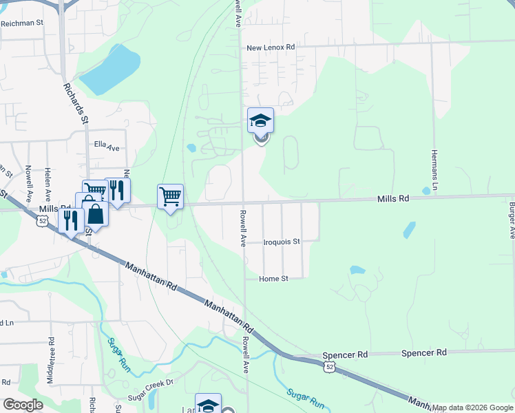 map of restaurants, bars, coffee shops, grocery stores, and more near 1217 Chippewa Street in Joliet