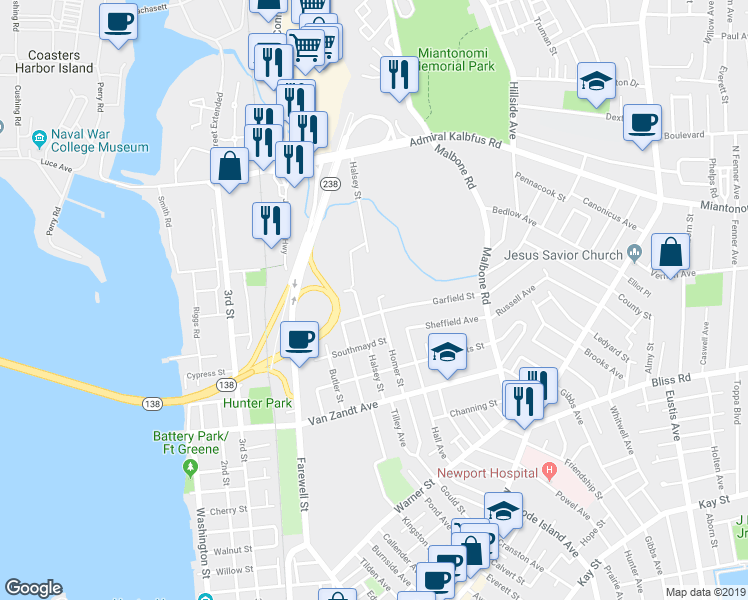 map of restaurants, bars, coffee shops, grocery stores, and more near 59 Homer Street in Newport