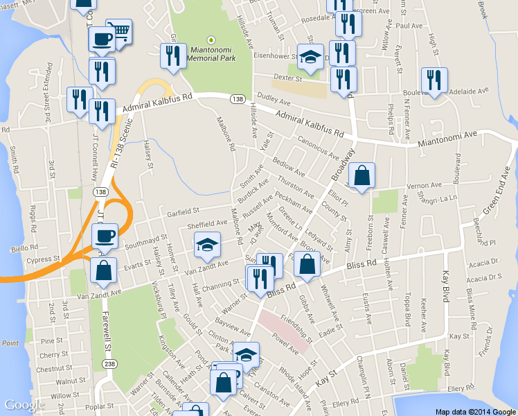 map of restaurants, bars, coffee shops, grocery stores, and more near 17 Russell Avenue in Newport