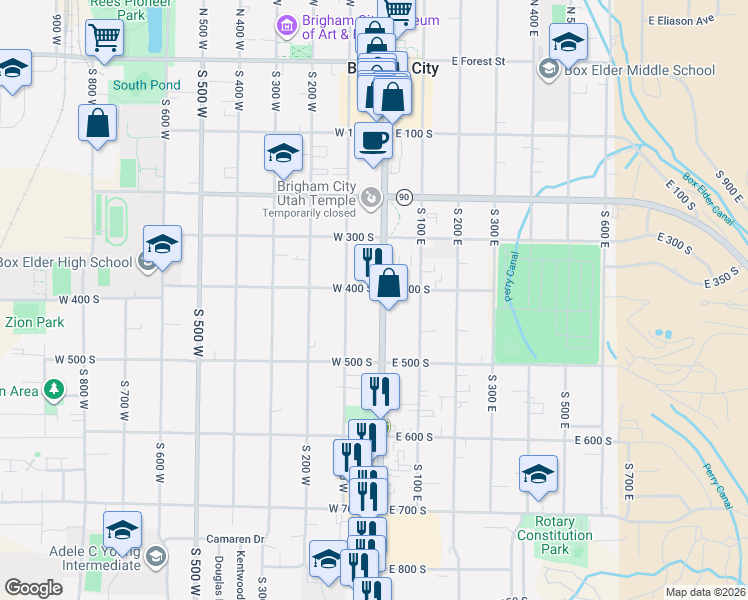 map of restaurants, bars, coffee shops, grocery stores, and more near 351 South 100 East in Brigham City