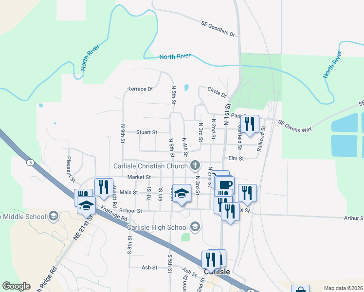 map of restaurants, bars, coffee shops, grocery stores, and more near 530 North 4th Street in Carlisle