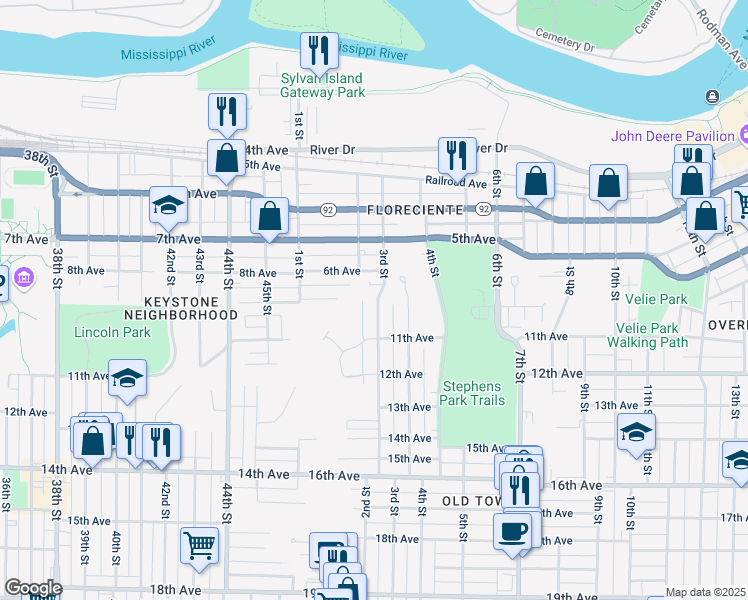 map of restaurants, bars, coffee shops, grocery stores, and more near 170-298 6th Avenue in Moline