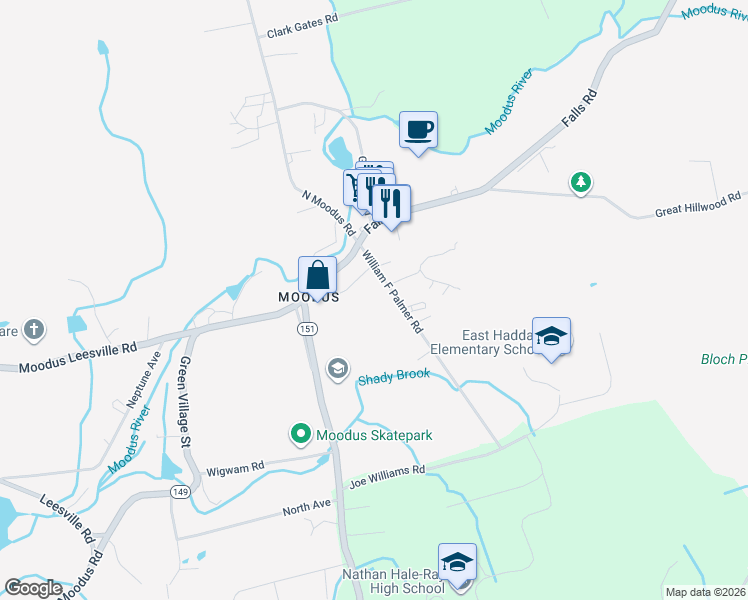 map of restaurants, bars, coffee shops, grocery stores, and more near 16 William F Palmer Road in East Haddam
